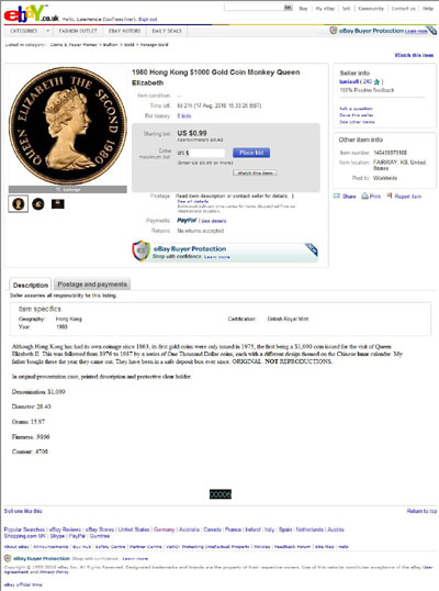 tuniaull eBay Listing Using Our 1980 & 1985 Hong Kong Gold Proof $1000 Gold Proof Coin Obverse Photograph
